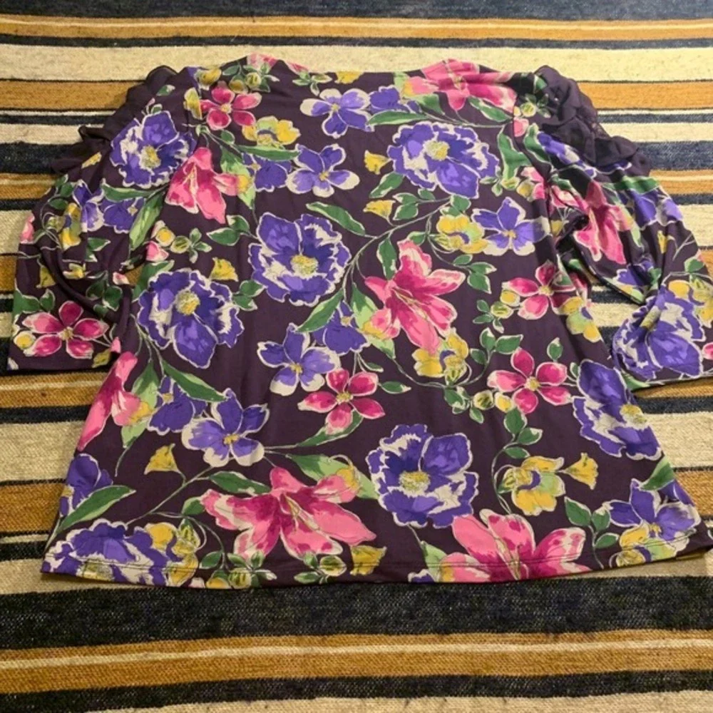 Susan Graver Womens XL Purple‎ Floral Print Ruffled Sleeve Top Cottage Spring